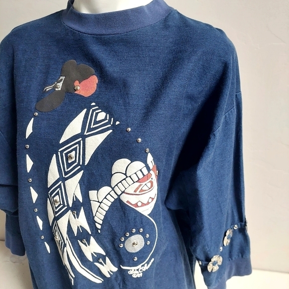 Lida Blue Chambray Top Shirt Southwestern‎ Art Vintage 80s Embelished Size L - Picture 13 of 13